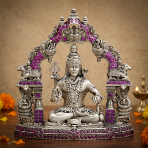 Arquitectónicamente Tallado Arcángel Shiva de Plata Pura en Pose Meditativa, Ídolo Religioso Púrpura Vibrante para Decoración de Templo y Hogar - Product Image 6