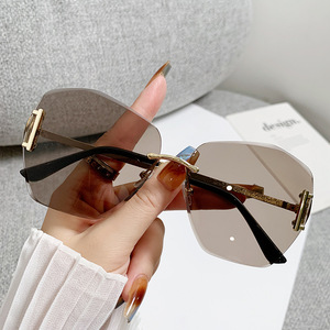 Women's Polygonal Frameless <b>Sunglasses</b> UV400 PC Lens Black Frame Sun Protection Type 3 Grey Gradient - Product Image 4