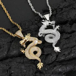 Mode Hiphop Chinese Zodiac Dragon Hanger Ketting Trendy Chinese Stijl Vintage Gold Plating Full Drill Zirkoon Ketting