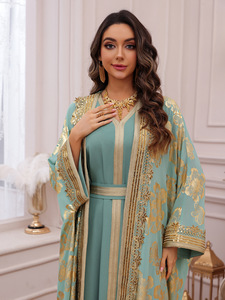 Thanh Lịch Hồi Giáo Dubai Abaya Hồi Giáo Quần Áo Ma-rốc Phụ Nữ Abayas 2 Mảnh Thiết Lập Thêu Cardigan Kaftan Ăn Mặc Cho Femme Áo Choàng - Product Image 2