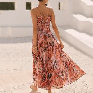 Factory Design Beach Floral V-neck Pleated Knotted Halter Maxi <b>Dress</b> Custom-made 100% Chiffon Maxi <b>Dress</b> - Product Image 1
