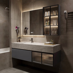 Simple slate integrated basin solid wood bathroom cabinet simple hanging smart wash basin cabinet <b>wall</b> cabinet - Product Image 5