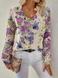 Maglione da <span class=keywords><strong>Donna</strong></span> con Motivo Floreale a Farfalla, Traspirante, Casual, Scollo a V, Maniche Lunghe in Rete Pointelle, 100% Poliestere, Stampa Lavanda - Product Image 4