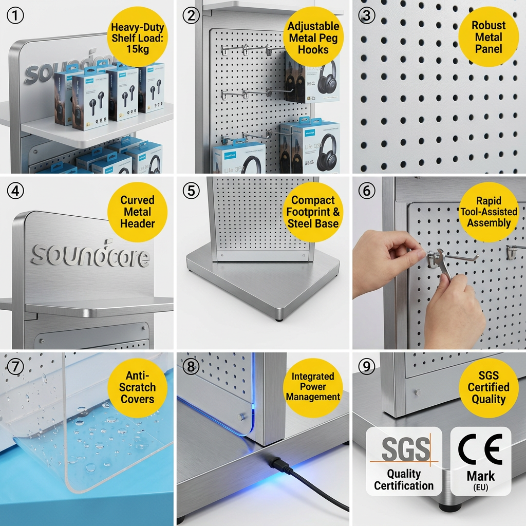 Metal Cell Phone Accessory Display Stand Pegboard Retail Rack Headphone Charging Station Aluminum POS FSDU Showcase Custom Logo — view 5