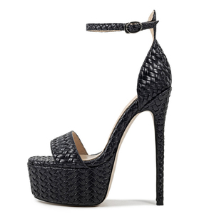 Sandales à plateforme épaisse et talons hauts fins, avec empeigne tressée et bride unique, sexy, pour femmes, grandes tailles 45, pour pieds larges - Product Image 3