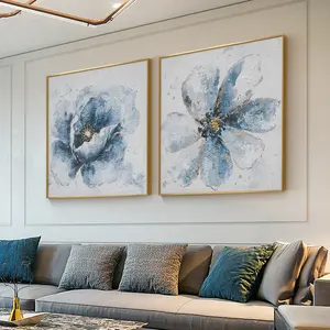 Pure Hand-painted Light Luxury Abstract Textured Blue Flower Wall Art For Living Room