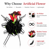 Boutonnière de mariage Calla Lily, broche noire et rouge, fleur artificielle pour le marié et les garçons d'honneur, thème gothique, cérémonie de mariage, banquet