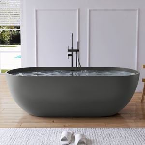Baignoire ovale moderne en pierre artificielle avec drain central, baignoire profonde pour bain à la turque, baignoire autoportante personnalisée gris foncé - Product Image 5