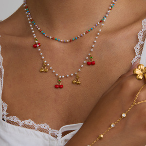 Collar con Colgante de Perla y Cereza de Acero Inoxidable, Joyería Casual de Moda - Product Image 3