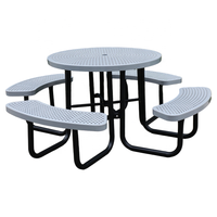 Meubles d'extérieur, table de pique-nique ronde en acier commercial, ensemble de salle à manger pour événements de restaurant en plein air, table et chaises en métal avec trou pour parasol