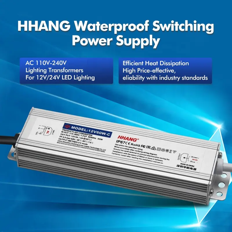 HHANG Luar Ruangan Ramping AC DC IP67 LED Strip Cahaya Driver Tegangan Konstan 2.5A 5A 60W Smps 12V 24V Tahan Air Beralih Power Supply