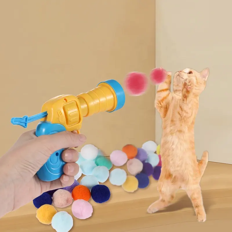 אקדח צעצוע לחיות מחמד בסגנון חדש עם כדורים שעירים משגר צעצוע לחתולים מקורה צעצוע אינטראקטיבי