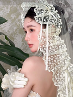 Voile de mariée vintage français en dentelle - Accessoire élégant pour la tête et la robe de mariée, idéal pour des cérémonies éthérées