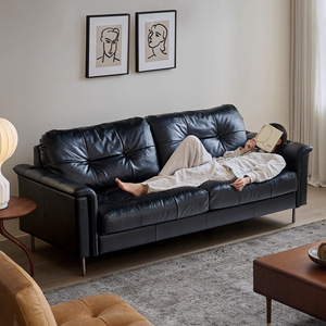 Bauhaus Designer Nebula Waxed Leather <b>Sofa</b> Retro <b>Black</b> Genuine Leather Couch for Small Living Room - Product Image 2