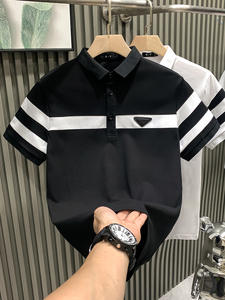 Kemeja <span class=keywords><strong>Polo</strong></span> Lengan Pendek Pria Ringan dan Berkerah Lipat Garis-garis Hitam Putih Merek Fashion Populer di Internet - Product Image 5