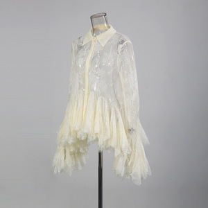 Women's Sheer Lace <b>Sequin</b> Ruffle Hem Shirt Dress Elegant Romantic Party Dresses Fashion - Product Image 4