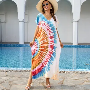 2023 nuevo diseño 100% caftán de algodón para mujer Tie-Dye Cover Beach Wear Vestido largo de verano de talla grande