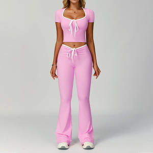 Camisa de manga corta con cuello cuadrado para mujer, conjunto de Yoga de cintura alta, diadema de bloque de Color, cordón, pantalones acampanados para levantar la cadera, traje para exteriores - Product Image 5