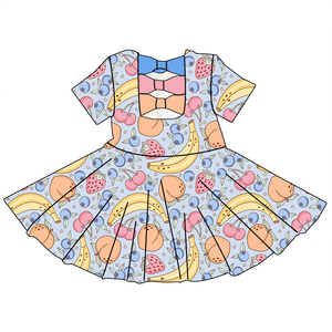 Abito a Ruota per Bambine in Morbido Tessuto di Bambù con Motivo Floreale Personalizzato di Alta Qualità, Maniche Corte e Fiocchi - Product Image 3
