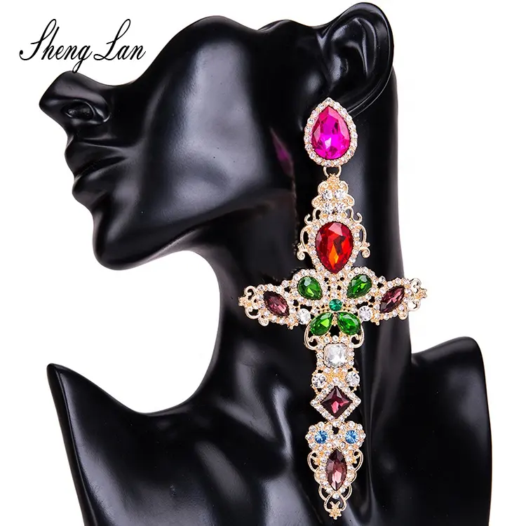 Shenglan Women Fashion Gorgeous Rhinestone With Crystal Gems Big Cross Drop Dangle Earring Jewelry Baroque Earrings Women