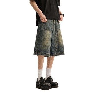 Shorts en jean pour homme, style rétro, délavé foncé, avec empiècements et détails de coutures, coupe ample mi-longue, décontracté, unisexe - Product Image 2