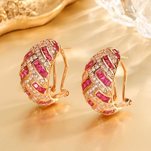 Fashion Jewelry Eco-friendly Copper Gold Plated Micro Pave Pink Zircon Vintage <b>Stud</b> <b>Earrings</b> for Refined Daily Wear - Product Image 3