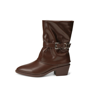 Bottes mi-mollet pour femmes, bout pointu, talon carré, en cuir véritable, style Martin, tendance mode, décoration à boucle, 5798-3 - Product Image 5
