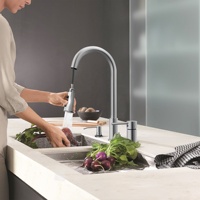 Robinet mélangeur de cuisine moderne AOWE à poignée unique flexible en céramique, nickel brossé, acier inoxydable, à poser sur comptoir, pour usage hospitalier