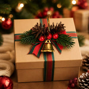 Klassieke gouden hoogwaardige houten kerstbel ornamenten, dennenappels, bessen, rode en groene lint strik voor boomkrans, feestdagen - Product Image 2