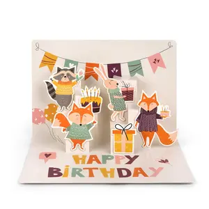 Impressão personalizada desenhos artesanais Fox 3D de luxo pop up cartões de feliz aniversário com envelopes fabricante