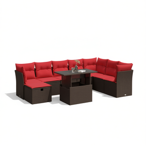 Brown Poly <b>Rattan</b> Garden <b>Sofa</b> Set 9 Piece With Cushions Outdoor Furniture Contemporary Design - Product Image 1