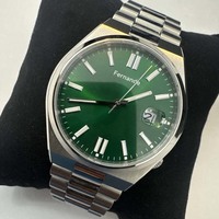 Montre automatique pour homme, ton argenté, boîtier en acier inoxydable, cadran vert soleil, calendrier, bracelet en métal, montre-bracelet quotidienne
