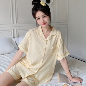Pyjama d'été pour femmes, fin, doux, à carreaux, imprimé, manches courtes, shorts respirants, vêtements de maison - Product Image 5