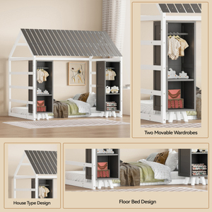 Letto <span class=keywords><strong>a</strong></span> casetta in legno compensato per bambini, con tetto e recinzione, ecologico e resistente, con <span class=keywords><strong>due</strong></span> armadi mobili, colore grigio, mobili per la casa - Product Image 3