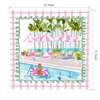 Tapis de Mahjong Double Face Rose Motif Palmier et Court de Tennis, Tapis de Jeu de Mahjong Carré avec Impression Peinture à l'Huile Palmier Tennis, Dos en Caoutchouc Antidérapant