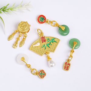 Pendentif en jade incrusté de style antique en forme d'éventail avec motif bambou pour la fabrication de bijoux DIY, accessoire unisexe - Product Image 1