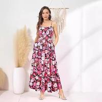Robe d'été pour femme S-3XL, style décontracté de plage, longueur cheville, col licou, imprimé floral, à volants, coupe trapèze, effet sculptant, service OEM, vente en gros