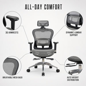 Silla de Oficina Ejecutiva Ergonómica de Malla, Fabricada en Taiwán, con Reposacabezas Fijo, Reposabrazos Ajustables, Base de Aluminio Cromado, Diseño Giratorio Moderno - Product Image 2