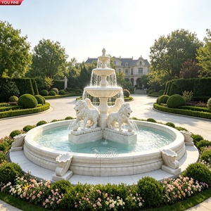 Fontaine en marbre blanc sculptée à la main YOUFINE à <span class=keywords><strong>trois</strong></span> niveaux avec quatre statues de lions tenant <span class=keywords><strong>des</strong></span> boules pour manoir - Product Image 1