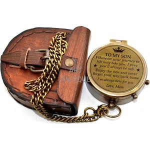 <b>Engraved</b> Brass <b>Compass</b> with Leather Case Hanging Ring Portable Design-Hiking Gift for Son From Mom - Product Image 5