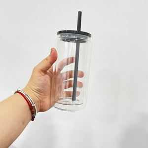 Glitter Flowing Double Wall Sublimation <b>Snowglobe</b> Glass 12Oz 15Oz Clear Soda Beer Can Cup With Plastic Lid and Straw - Product Image 4