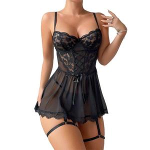 Breathable Embroidered Lace <b>Perspective</b> Sleeping Skirt Thong Women V-neck Mesh Transparent Sexy Lingerie - Product Image 5