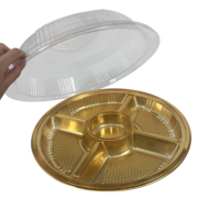 Plateau de service rond noir en PET de qualité alimentaire pour noix et fruits secs, boîte à compartiments, plateau à bonbons en plastique à 5 compartiments avec couvercle transparent