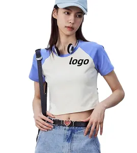 Camiseta para mulheres de verão com estampa de logotipo personalizado por atacado, camiseta de Raglan para meninas, contraste slim