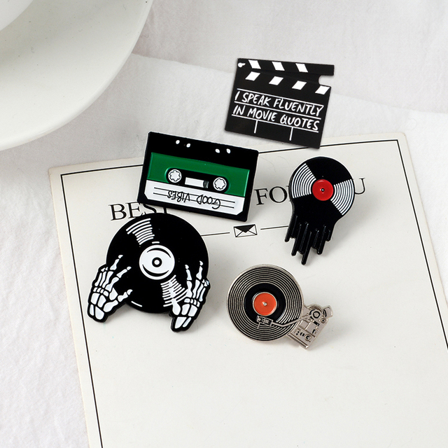 Punk Music Lovers Plated Soft Enamel Pin Good Vibes Tape DJ Vinyl Record Player Badge Brooch Lapel Clothing Wholesale Pins