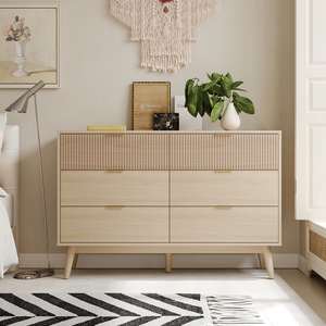 <span class=keywords><strong>Commode</strong></span> moderne en bois à 6 tiroirs avec poignées dorées, panneaux avant texturés, <span class=keywords><strong>commode</strong></span> de style mid-century moderne pour le rangement de la chambre à coucher - Product Image 1