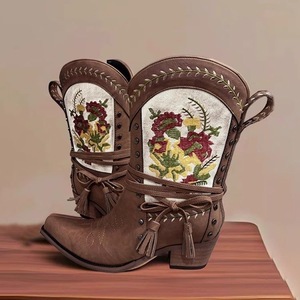 Bottines Western Rétro Brodé pour Femme, Nouveau Style, Tige en PU, Semelle Extérieure en Caoutchouc, Semelle Intermédiaire en Bois, Semelle Épaisse, Bout Pointu, Fermeture Éclair Latérale - Product Image 2