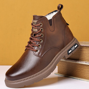 Bottes Martin pour hommes, à bout rond, talon épais, doublure en fourrure, semelle extérieure en caoutchouc antidérapante, style décontracté pour l'extérieur - Product Image 1