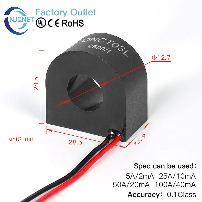 Compact Current Transformer Ring Type CT Toroidal QNCT03L 50A 25mA 100A to 50mA 100A 20mA 0.1 Class Current Sensor Transducer
