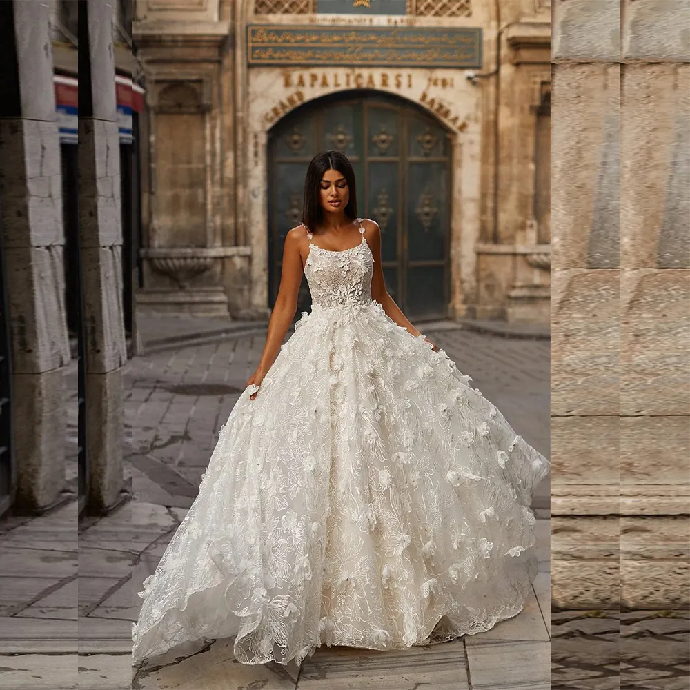 Romantic Boho Luxury Women Bride 3D Flowers A Line Wedding Dress Spaghetti Appliques Lace Embroidery Princess Ball Gowns